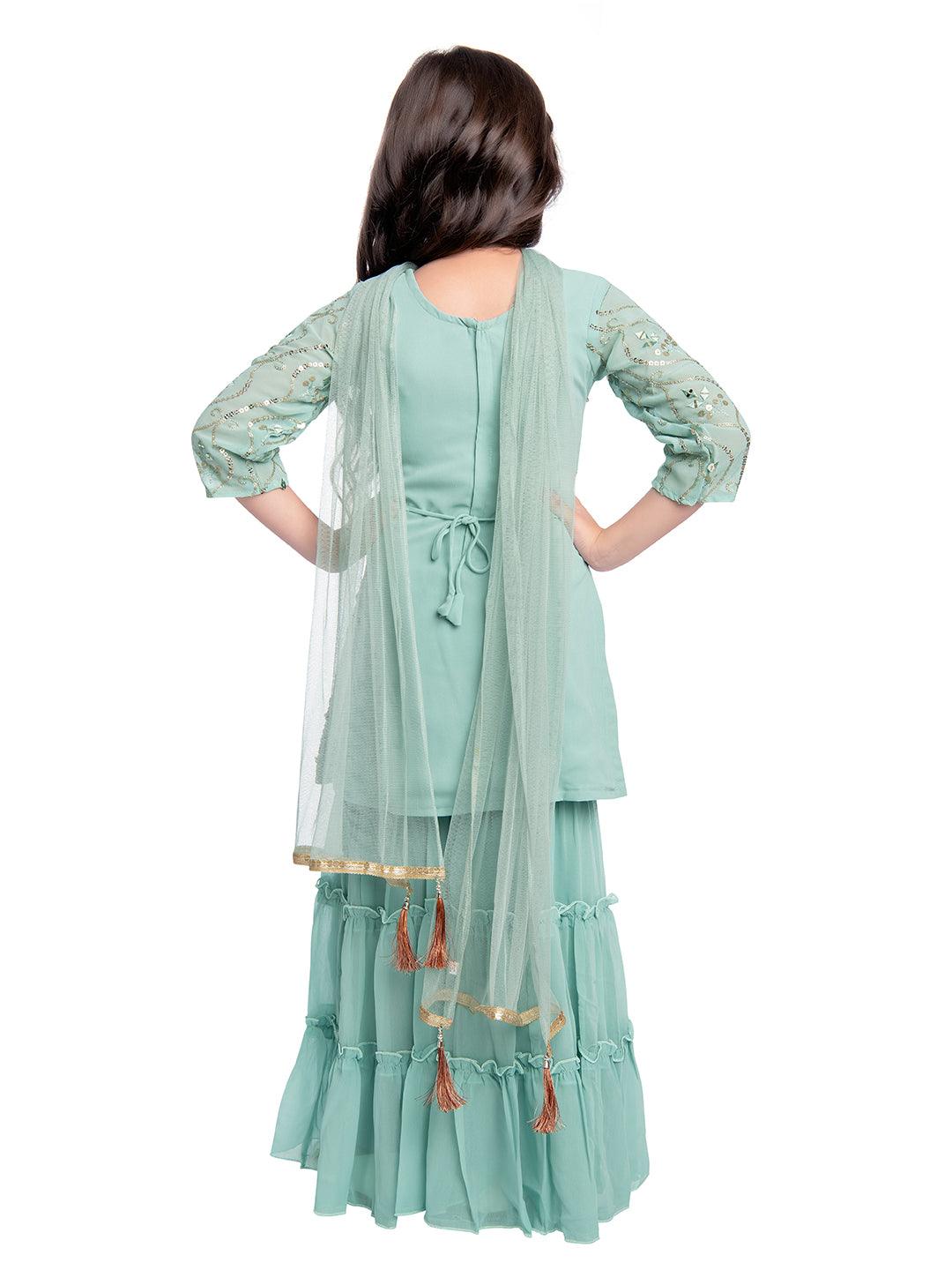 Turquoise Blue Floral Embroidered Sequinned Kurta with Sharara & With Dupatta For Girls - Betty Ethnic India - Gharara / Sharara Set - Betty Girls Wear Online