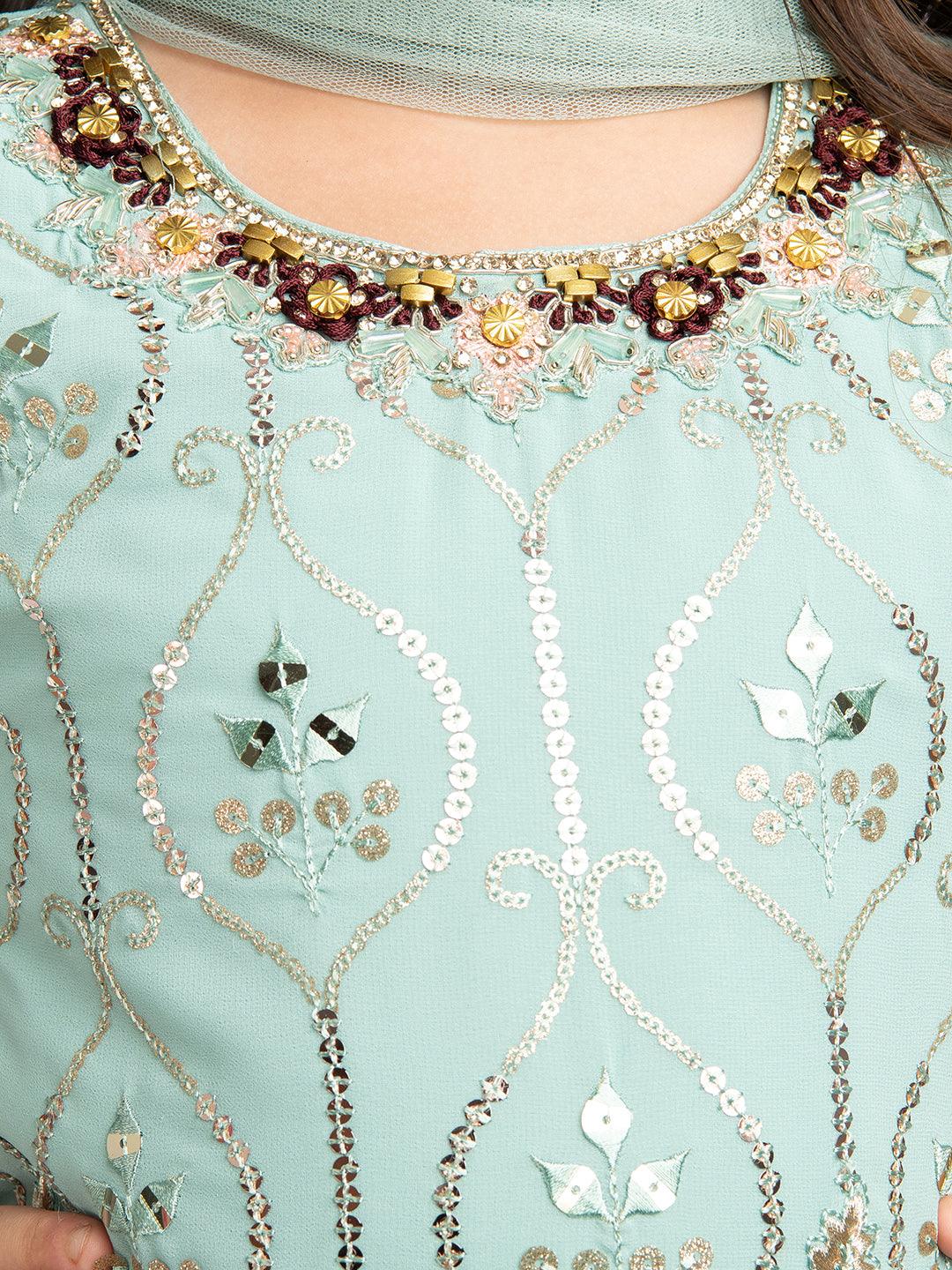 Turquoise Blue Floral Embroidered Sequinned Kurta with Sharara & With Dupatta For Girls - Betty Ethnic India - Gharara / Sharara Set - Betty Girls Wear Online