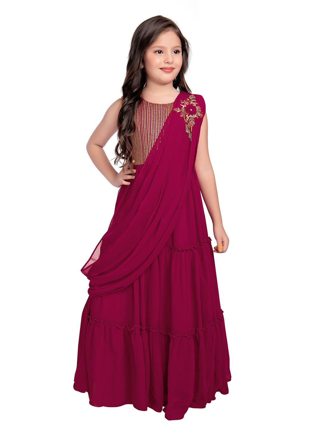 Rani Coloured Embroidered Georgette Saree Style Dupatta Gown For Girls - Betty Ethnic India - Gown - Betty Girls Wear Online