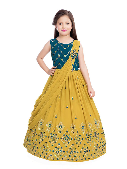 Mustard Floral Georgette Ethnic Maxi Dress - Betty Ethnic India - Gown - Betty Girls Wear Online