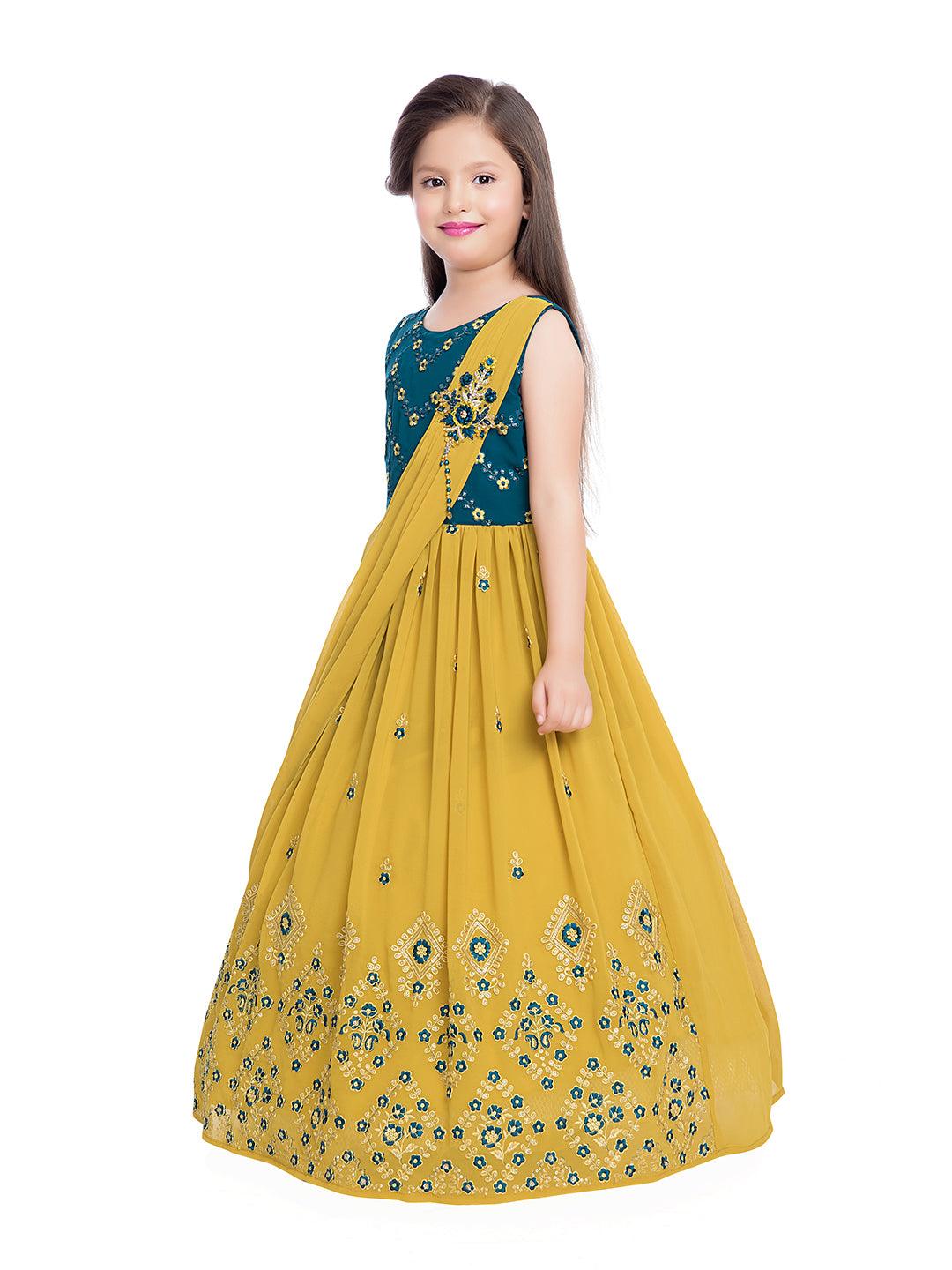 Mustard Floral Georgette Ethnic Maxi Dress - Betty Ethnic India - Gown - Betty Girls Wear Online