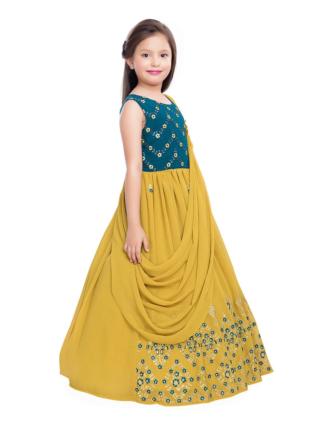Mustard Floral Georgette Ethnic Maxi Dress - Betty Ethnic India - Gown - Betty Girls Wear Online