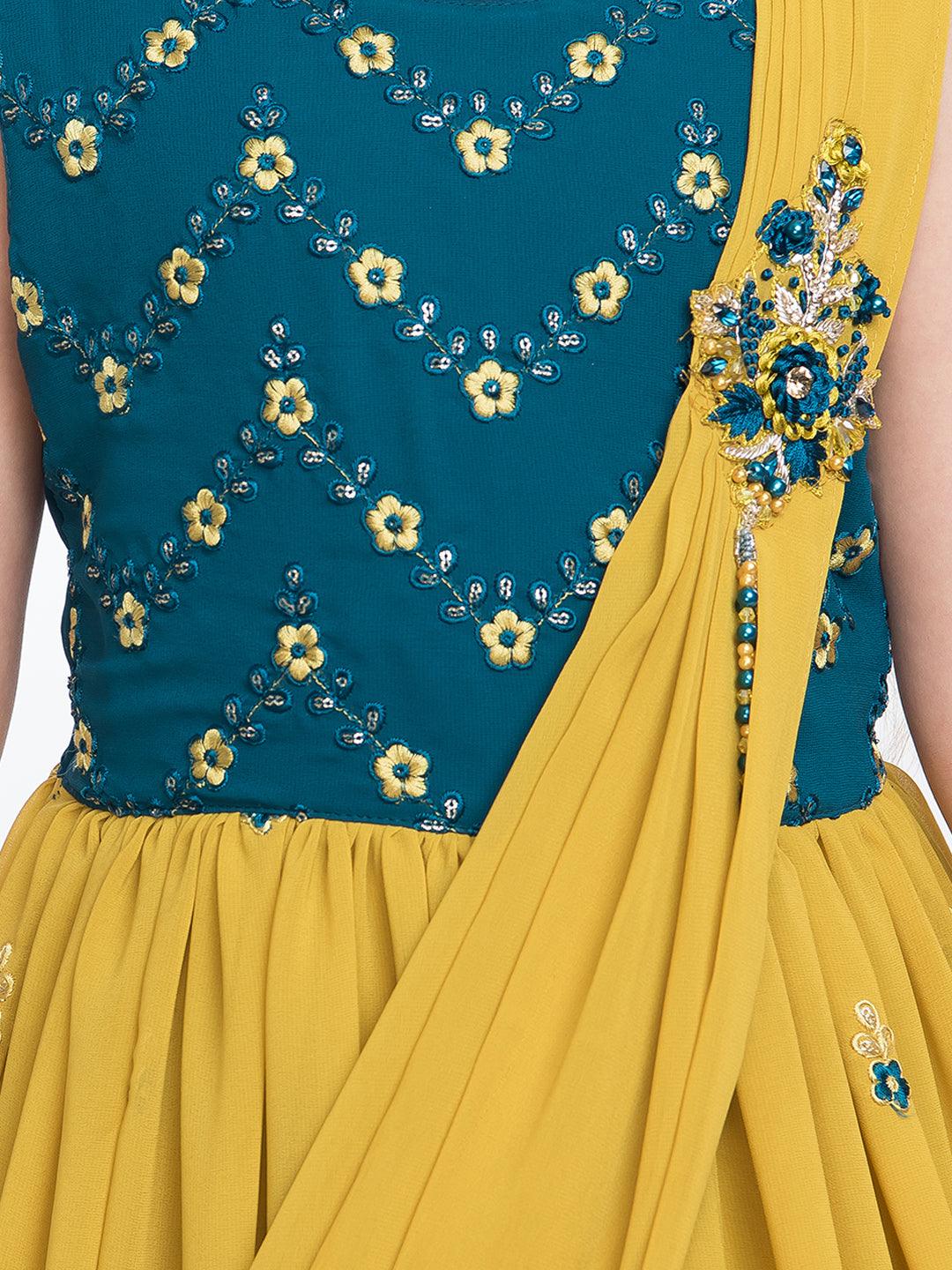 Mustard Floral Georgette Ethnic Maxi Dress - Betty Ethnic India - Gown - Betty Girls Wear Online