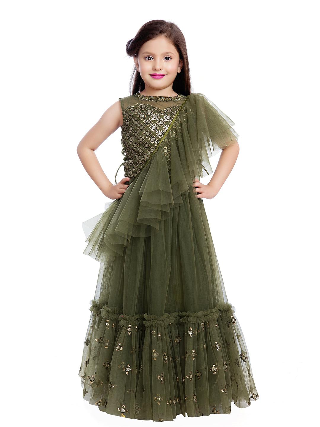 Girls Green & Gold-Toned Embellished Sequinned Ready to Wear Lehenga & Blouse With Dupatta - Betty Ethnic India - Saris & Lehengas - Betty Girls Wear Online
