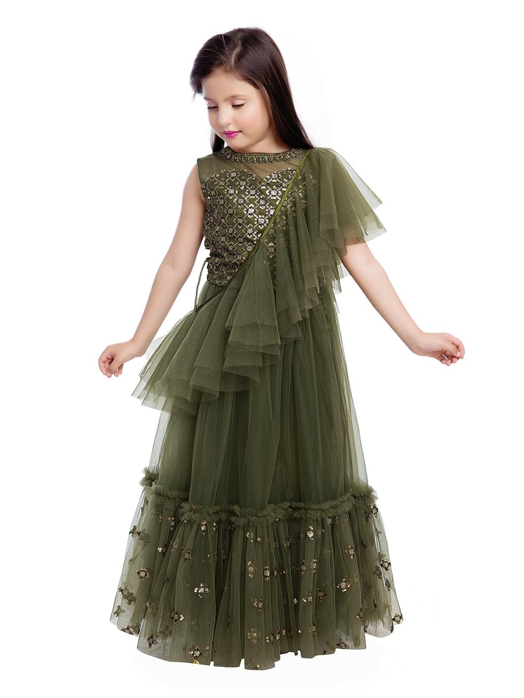 Girls Green & Gold-Toned Embellished Sequinned Ready to Wear Lehenga & Blouse With Dupatta - Betty Ethnic India - Saris & Lehengas - Betty Girls Wear Online