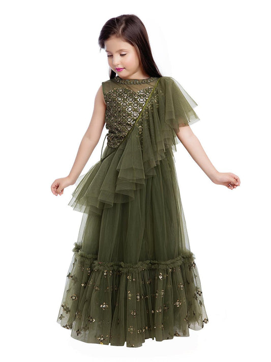 Girls Green & Gold-Toned Embellished Sequinned Ready to Wear Lehenga & Blouse With Dupatta - Betty Ethnic India - Saris & Lehengas - Betty Girls Wear Online
