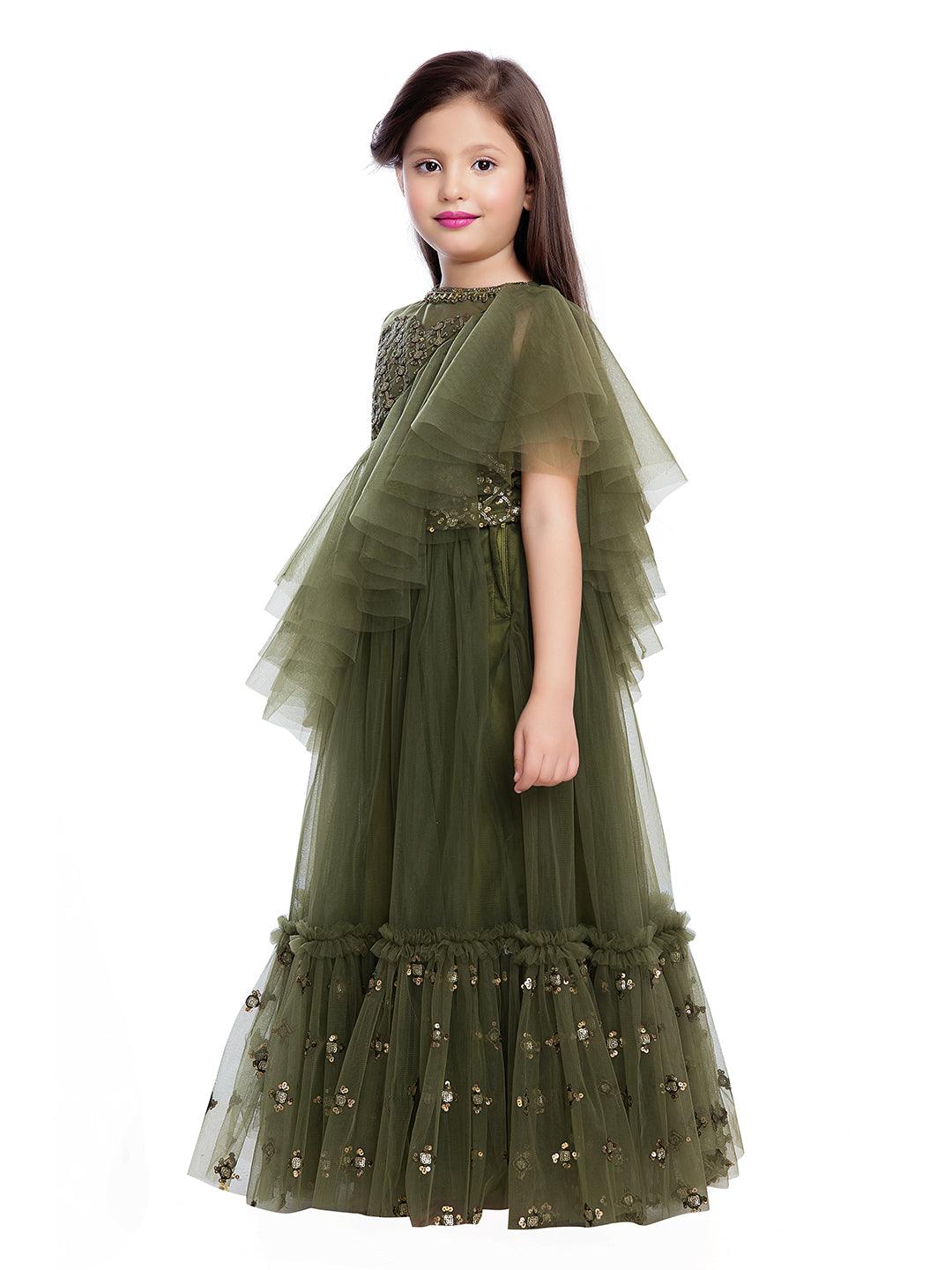 Girls Green & Gold-Toned Embellished Sequinned Ready to Wear Lehenga & Blouse With Dupatta - Betty Ethnic India - Saris & Lehengas - Betty Girls Wear Online