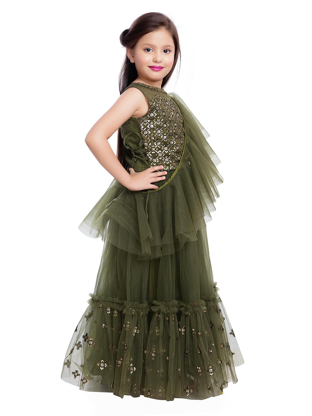 Girls Green & Gold-Toned Embellished Sequinned Ready to Wear Lehenga & Blouse With Dupatta - Betty Ethnic India - Saris & Lehengas - Betty Girls Wear Online