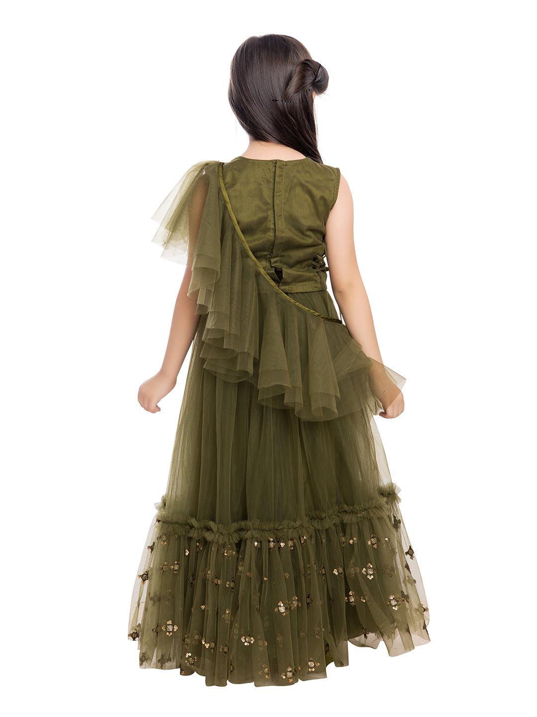 Girls Green & Gold-Toned Embellished Sequinned Ready to Wear Lehenga & Blouse With Dupatta - Betty Ethnic India - Saris & Lehengas - Betty Girls Wear Online
