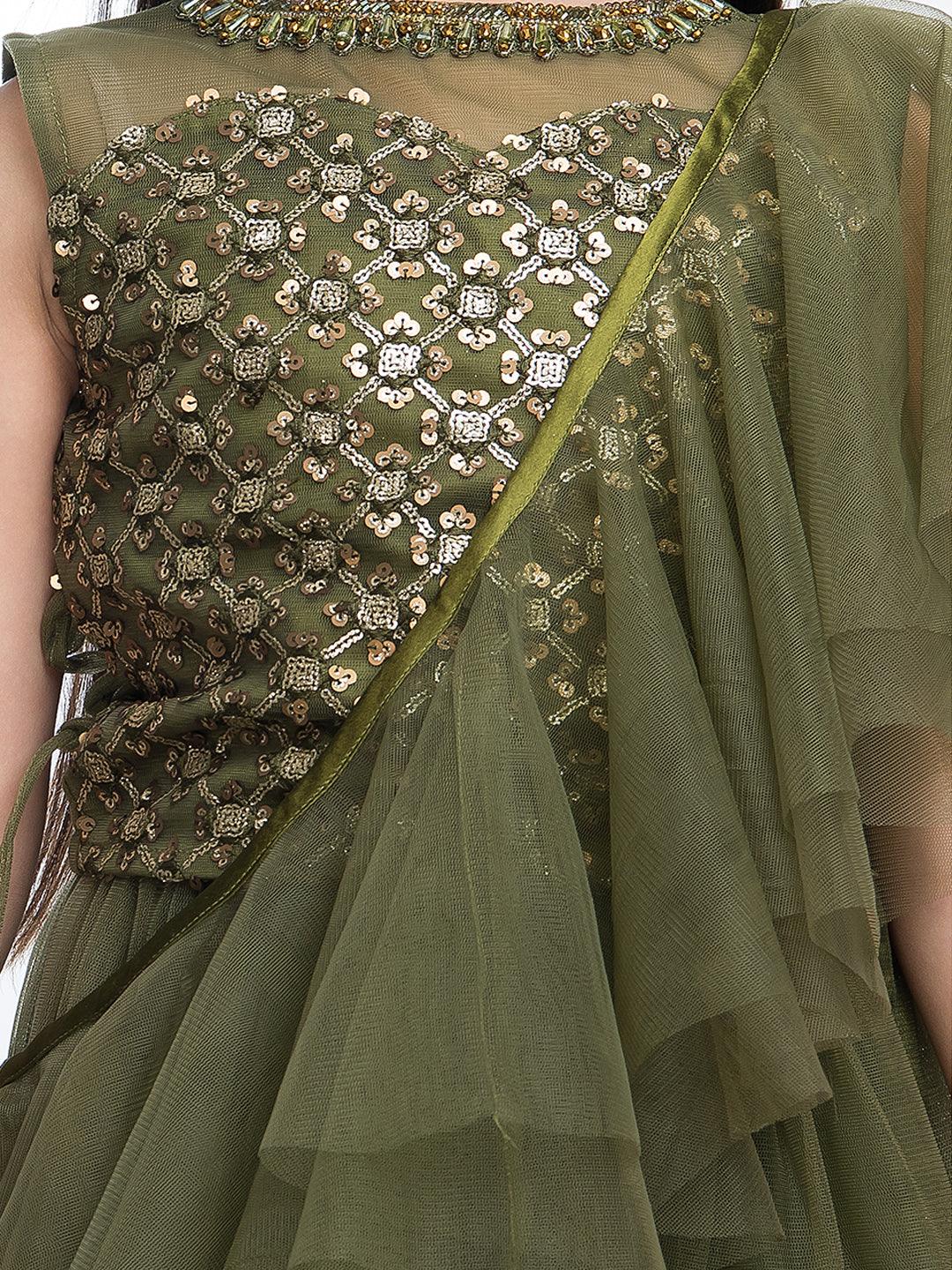 Girls Green & Gold-Toned Embellished Sequinned Ready to Wear Lehenga & Blouse With Dupatta - Betty Ethnic India - Saris & Lehengas - Betty Girls Wear Online