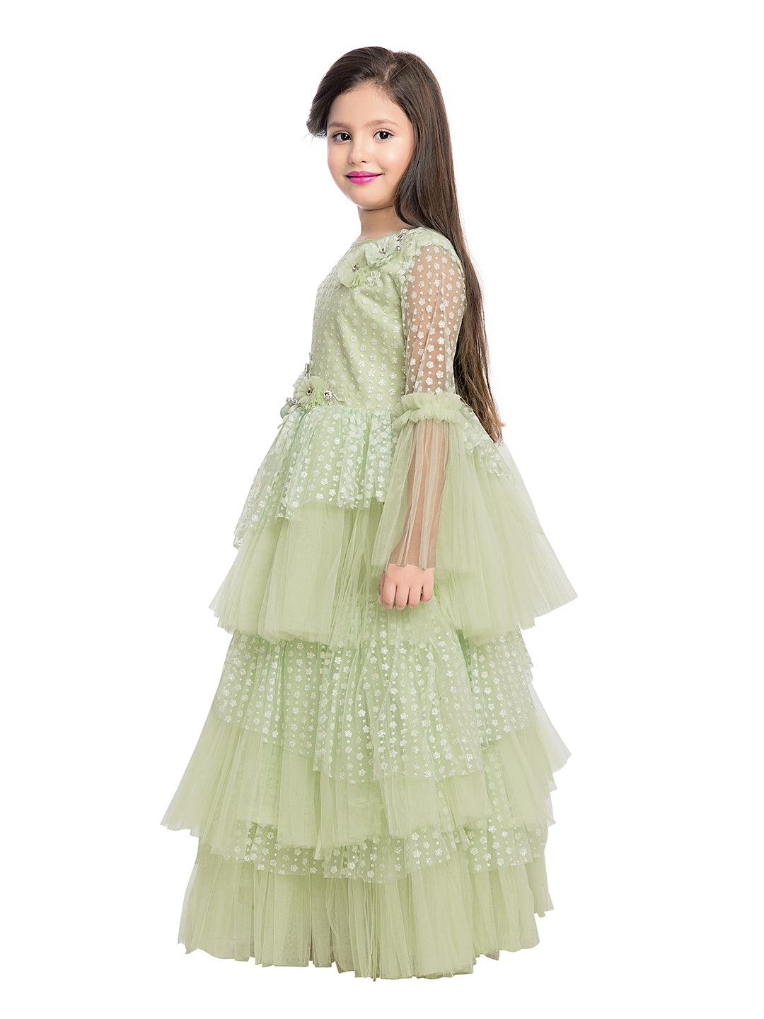 Green Coloured Net Fabric Gown For Girls - Betty Ethnic India - Gown - Betty Girls Wear Online