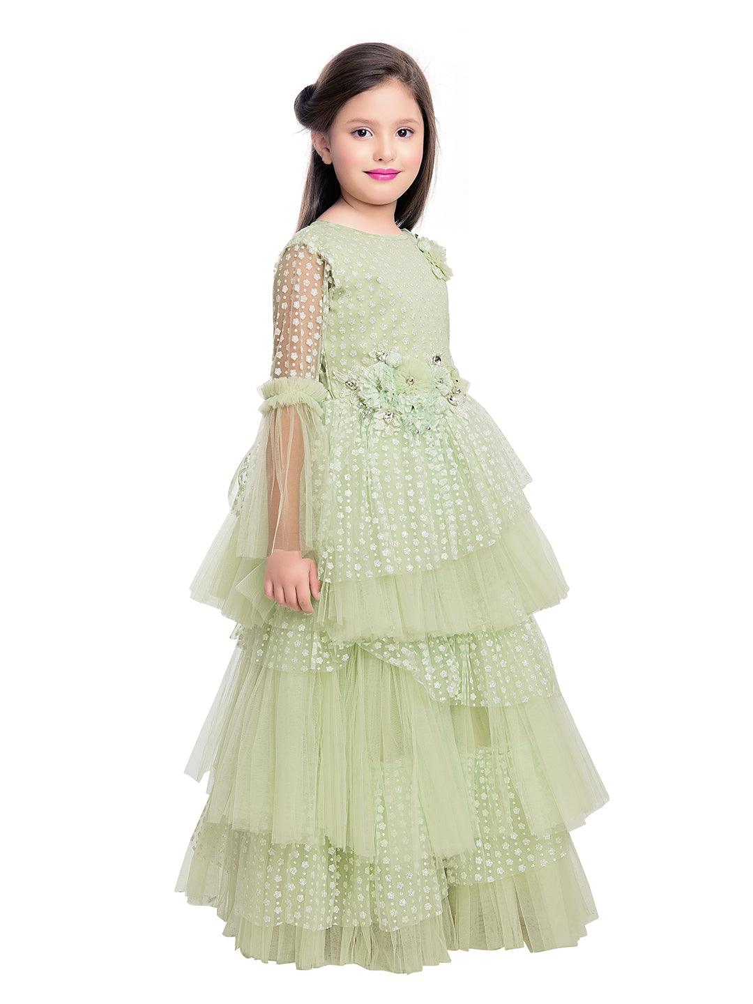 Green Coloured Net Fabric Gown For Girls - Betty Ethnic India - Gown - Betty Girls Wear Online