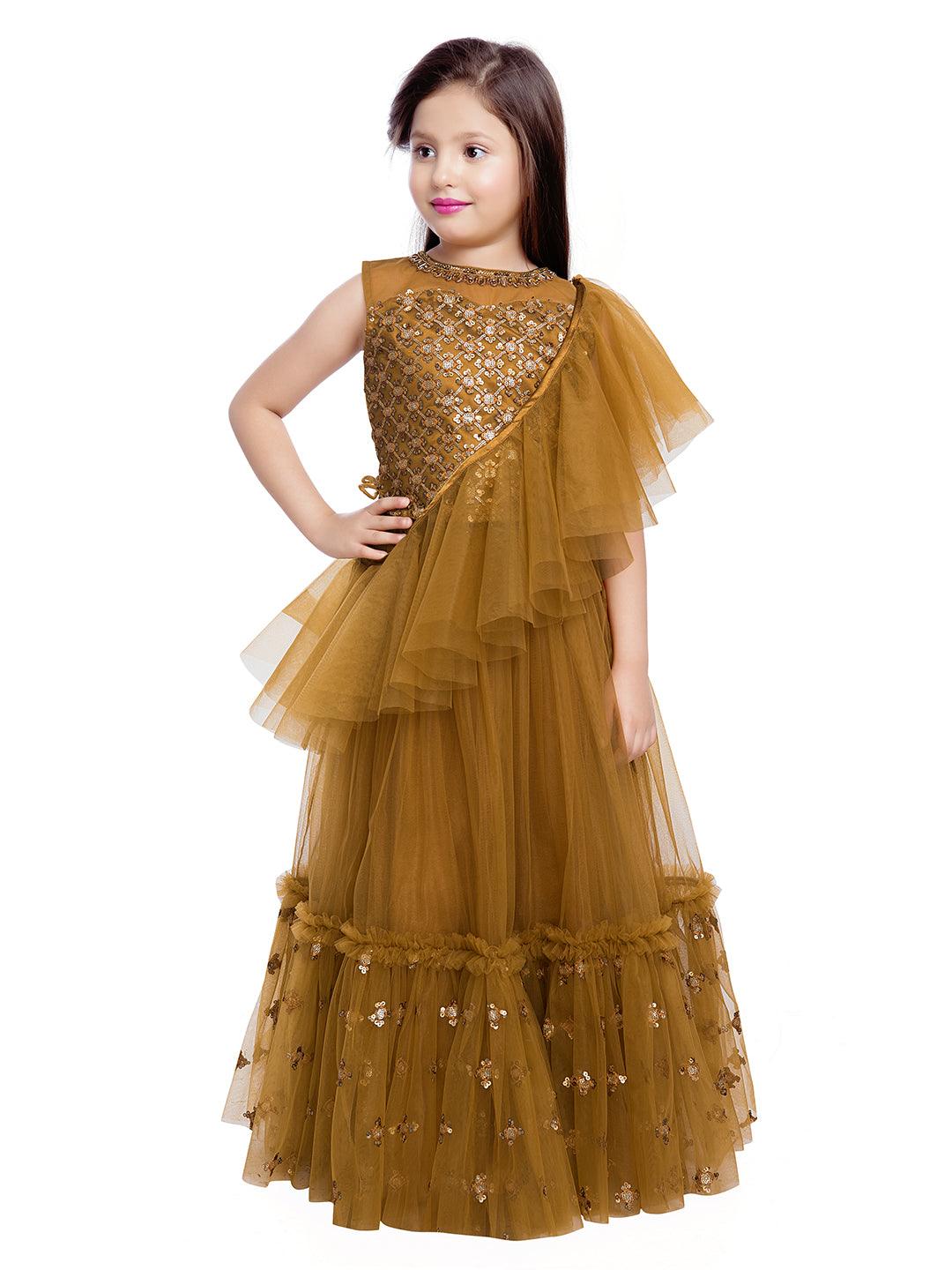 Girls Golden Embellished Sequinned Ready to Wear Lehenga & Blouse With Dupatta - Betty Ethnic India - Saris & Lehengas - Betty Girls Wear Online