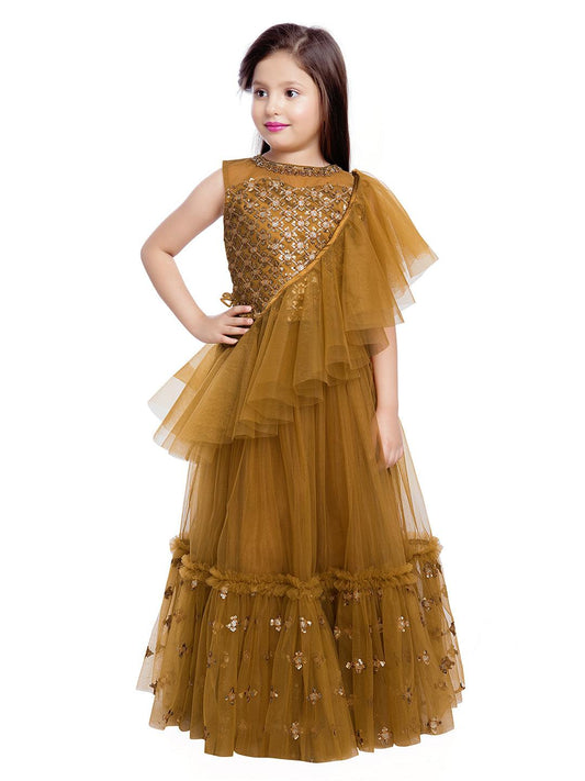 Girls Golden Embellished Sequinned Ready to Wear Lehenga & Blouse With Dupatta - Betty Ethnic India - Saris & Lehengas - Betty Girls Wear Online