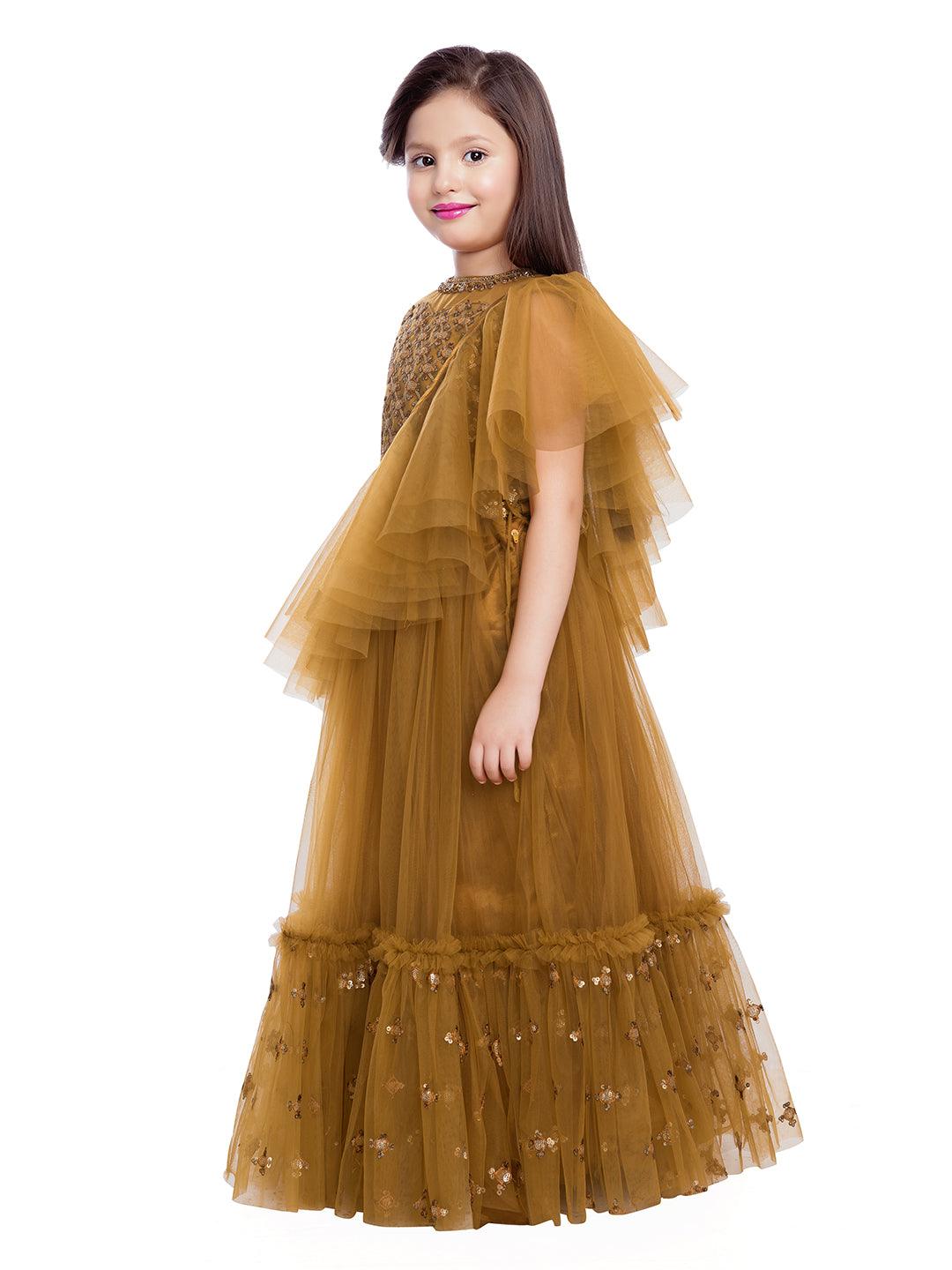 Girls Golden Embellished Sequinned Ready to Wear Lehenga & Blouse With Dupatta - Betty Ethnic India - Saris & Lehengas - Betty Girls Wear Online