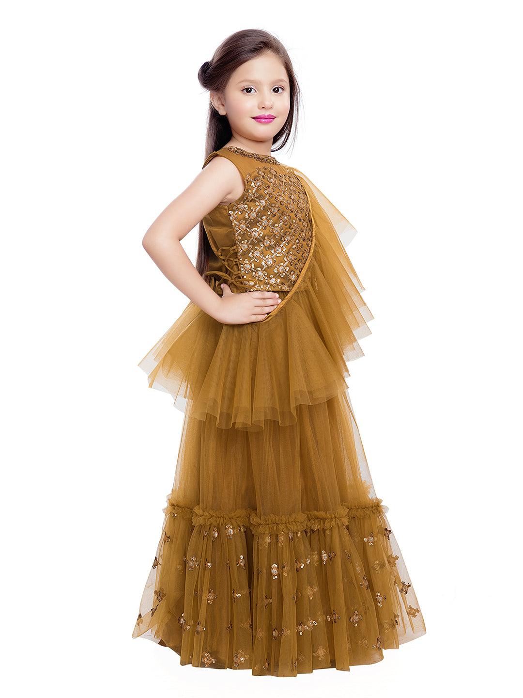 Girls Golden Embellished Sequinned Ready to Wear Lehenga & Blouse With Dupatta - Betty Ethnic India - Saris & Lehengas - Betty Girls Wear Online