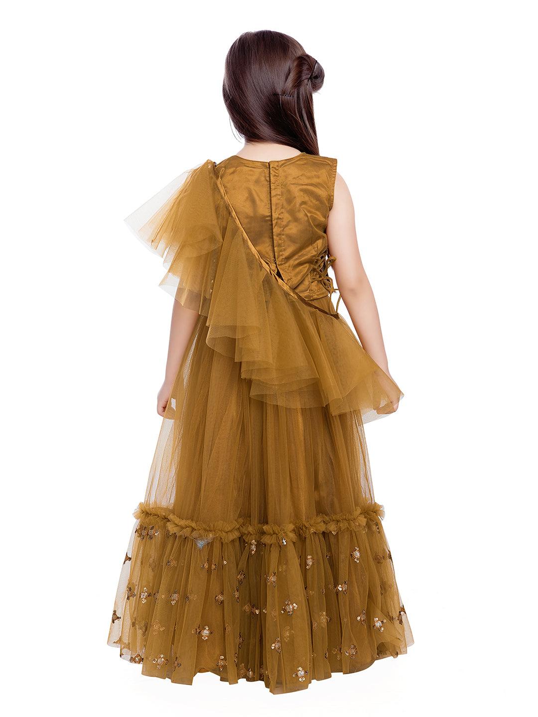 Girls Golden Embellished Sequinned Ready to Wear Lehenga & Blouse With Dupatta - Betty Ethnic India - Saris & Lehengas - Betty Girls Wear Online