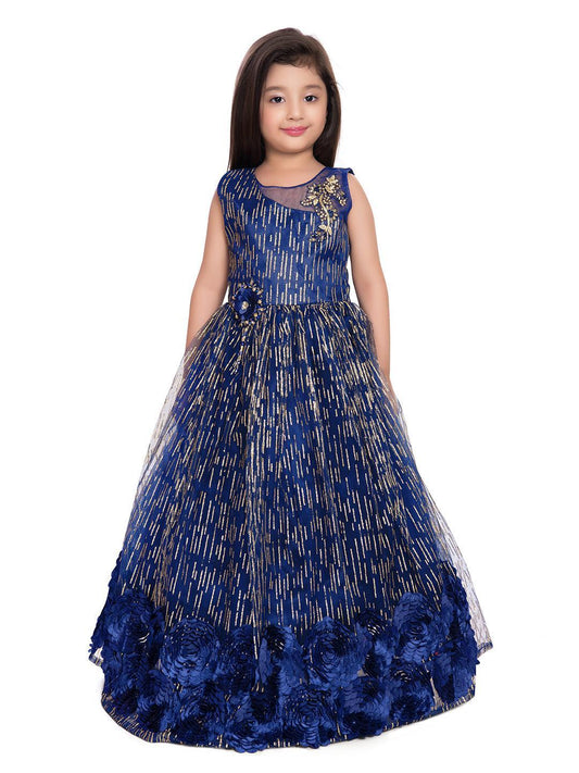 Blue and Gold Toned Embellished Net Gown For Girls - Betty Ethnic India - Gown - Betty Girls Wear Online
