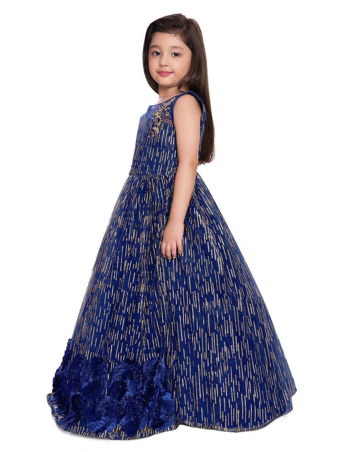 Blue and Gold Toned Embellished Net Gown For Girls - Betty Ethnic India - Gown - Betty Girls Wear Online