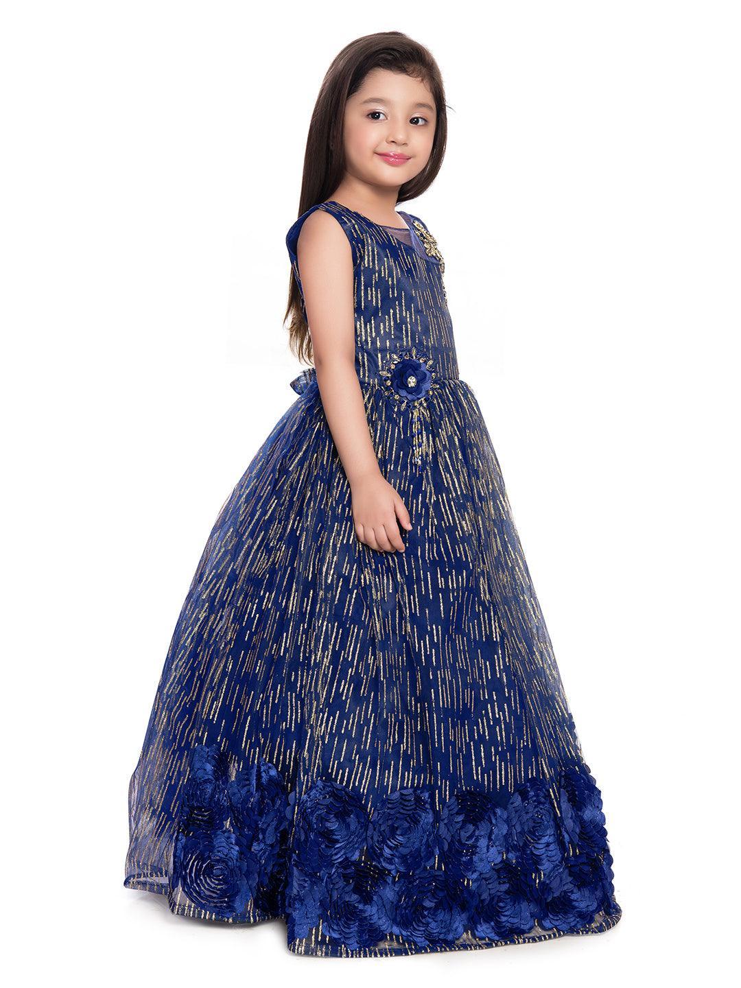 Blue and Gold Toned Embellished Net Gown For Girls - Betty Ethnic India - Gown - Betty Girls Wear Online