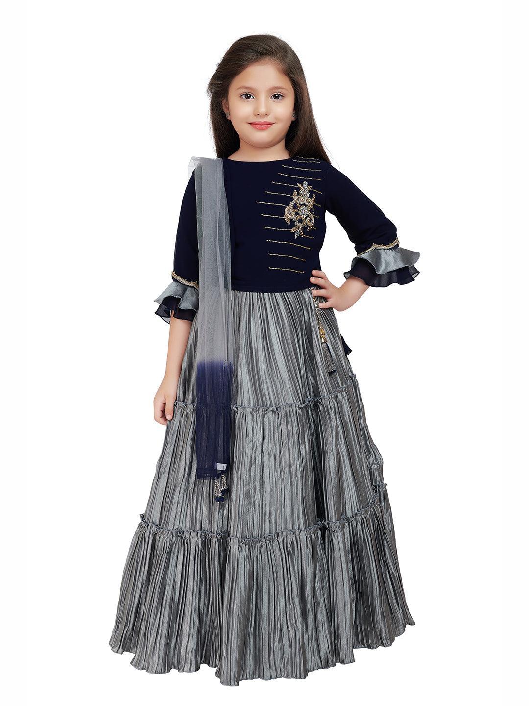 Blue & Grey Embellished Ready to Wear Lehenga & Blouse With Dupatta Choli For Girls - Betty Ethnic India - Saris & Lehengas - Betty Girls Wear Online