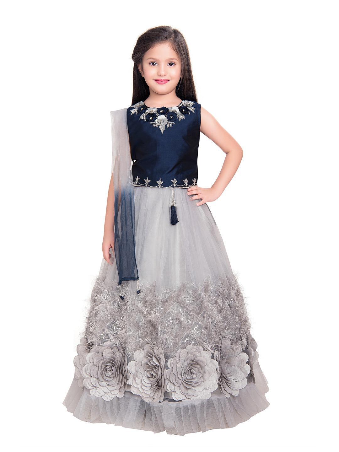 Blue & Grey Embroidered Ready to Wear Lehenga & Blouse With Dupatta Choli For Girls - Betty Ethnic India - Saris & Lehengas - Betty Girls Wear Online