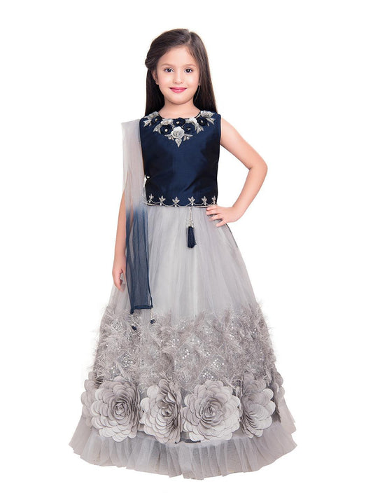 Blue & Grey Embroidered Ready to Wear Lehenga & Blouse With Dupatta Choli For Girls - Betty Ethnic India - Saris & Lehengas - Betty Girls Wear Online