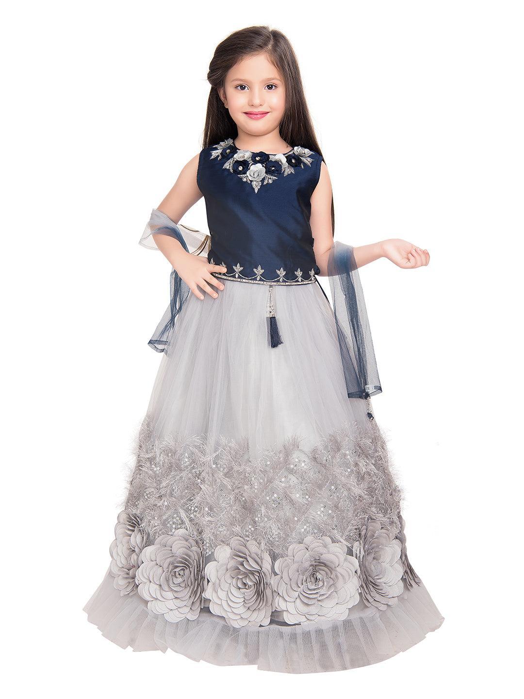 Blue & Grey Embroidered Ready to Wear Lehenga & Blouse With Dupatta Choli For Girls - Betty Ethnic India - Saris & Lehengas - Betty Girls Wear Online