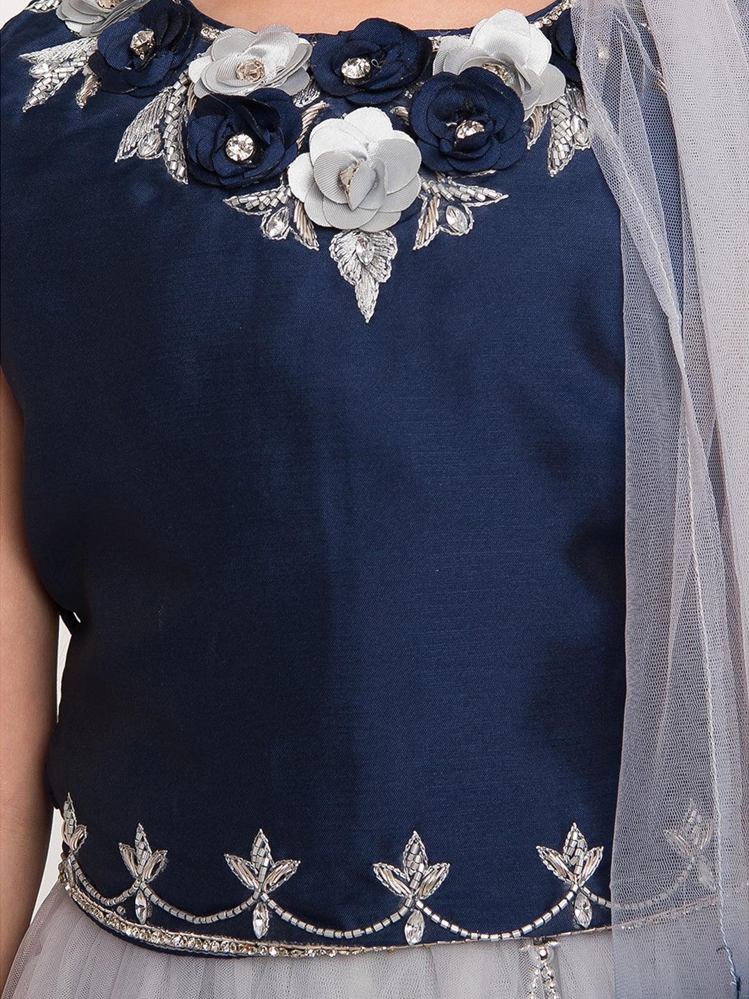 Blue & Grey Embroidered Ready to Wear Lehenga & Blouse With Dupatta Choli For Girls - Betty Ethnic India - Saris & Lehengas - Betty Girls Wear Online