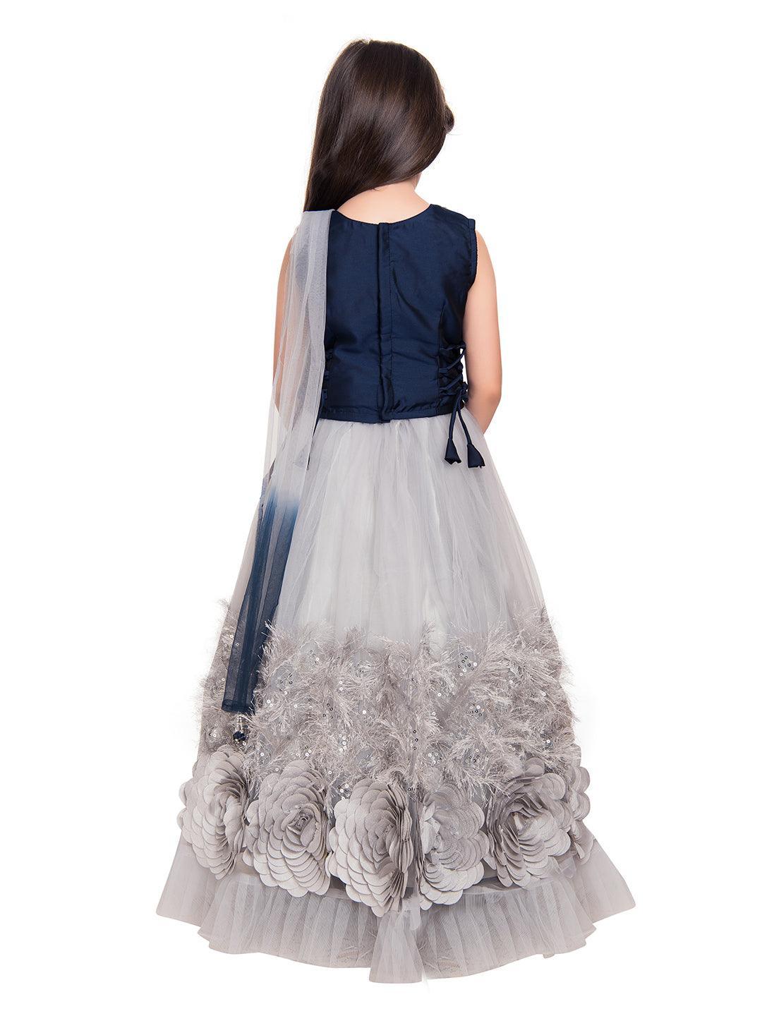 Blue & Grey Embroidered Ready to Wear Lehenga & Blouse With Dupatta Choli For Girls - Betty Ethnic India - Saris & Lehengas - Betty Girls Wear Online