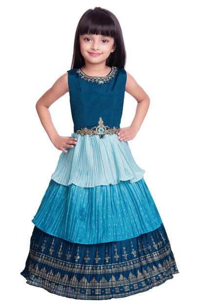 Blue Colour 3 Layered Design Chinon Fabric Ethnic Gown For Girls - Betty Ethnic India - Gown - Betty Girls Wear Online