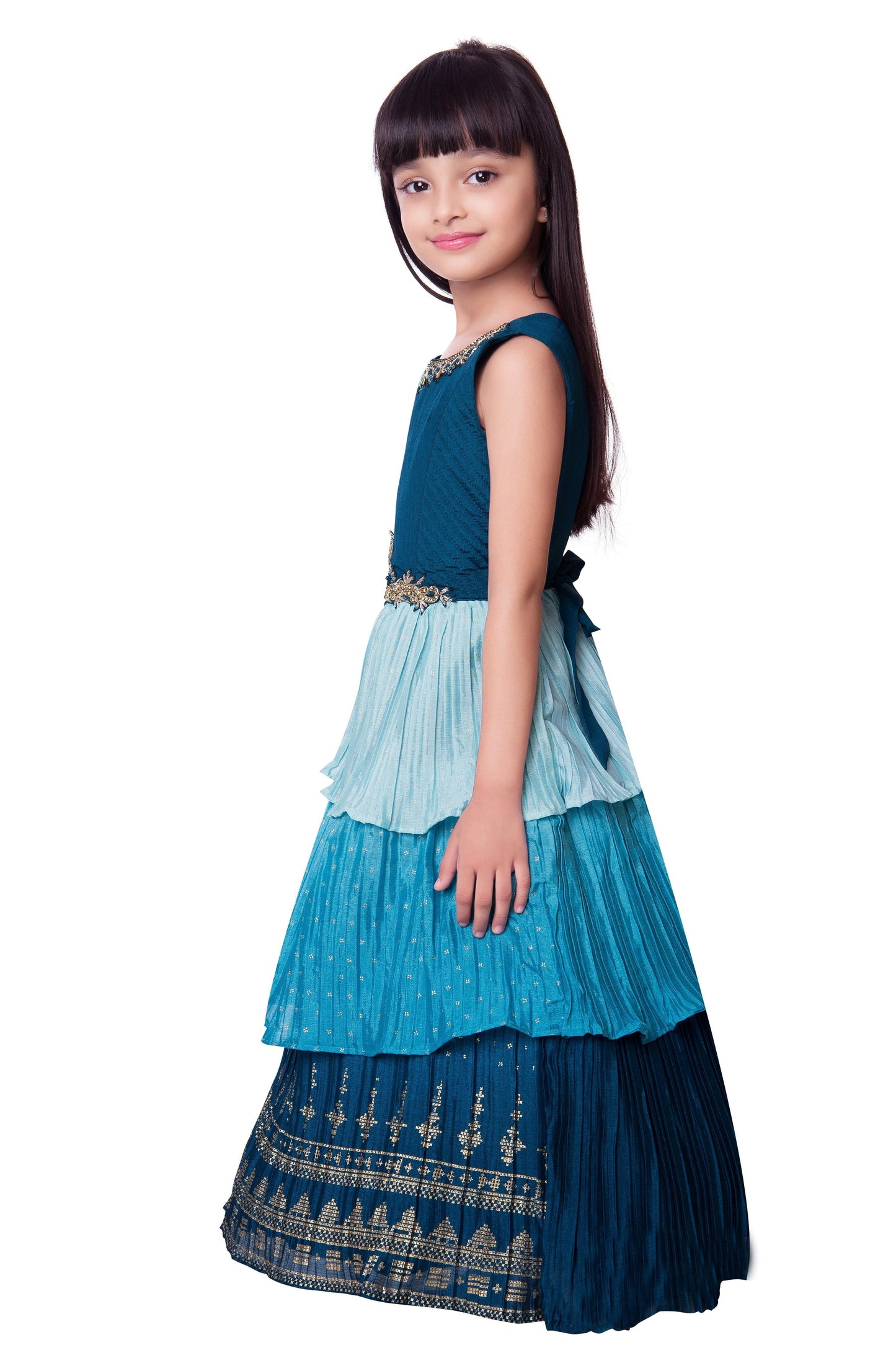 Blue Colour 3 Layered Design Chinon Fabric Ethnic Gown For Girls - Betty Ethnic India - Gown - Betty Girls Wear Online