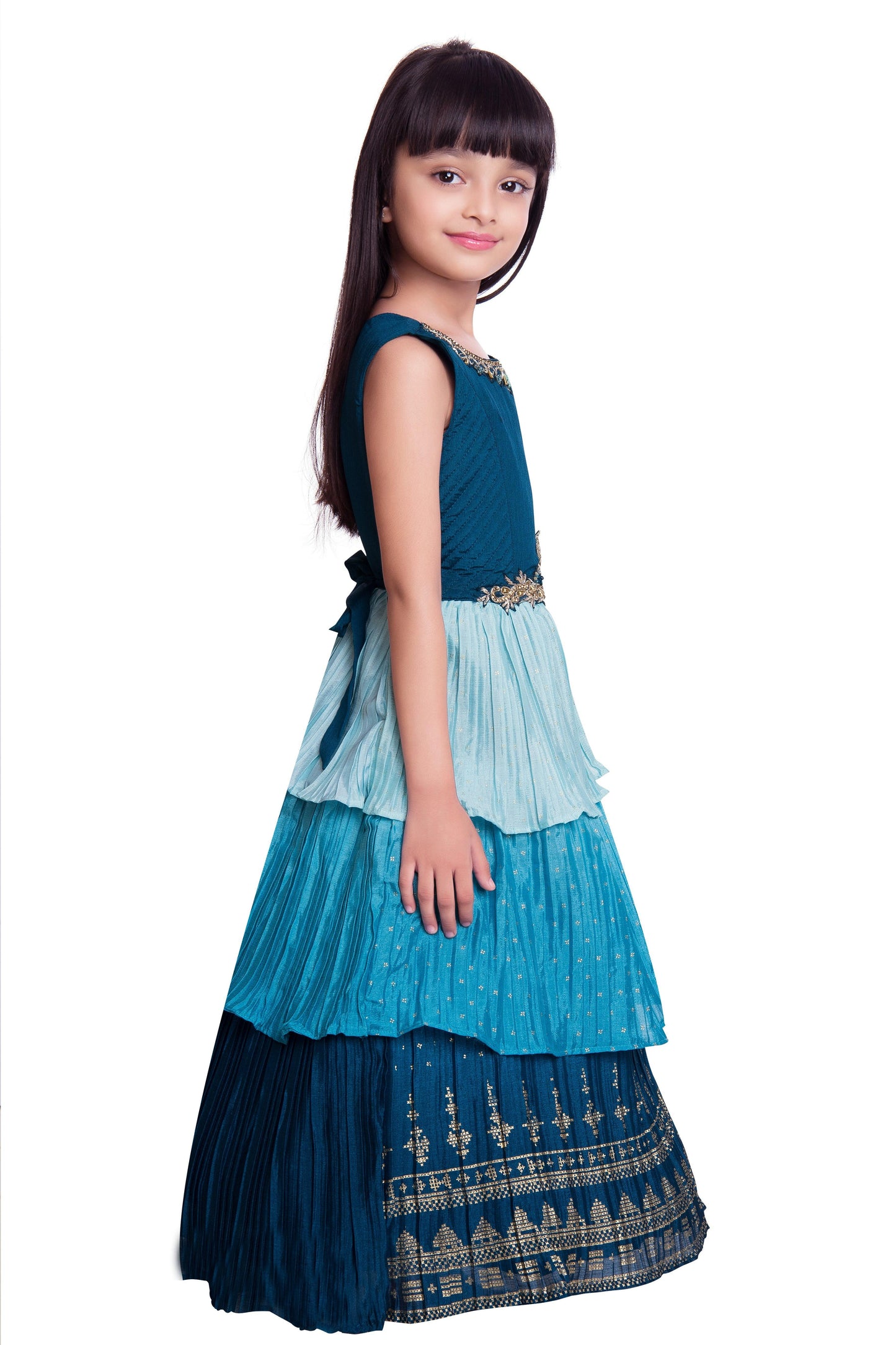 Blue Colour 3 Layered Design Chinon Fabric Ethnic Gown For Girls - Betty Ethnic India - Gown - Betty Girls Wear Online