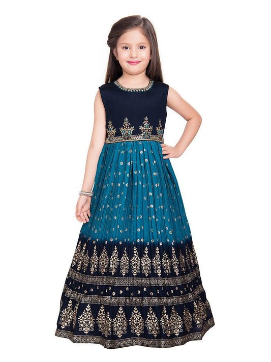 Blue Ethnic Motifs Embroidered Design Chinon Fabric Ethnic Gown For Girls - Betty Ethnic India - Gown - Betty Girls Wear Online