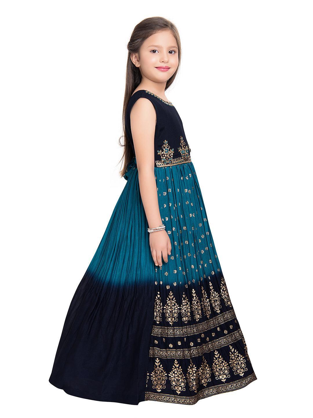 Blue Ethnic Motifs Embroidered Design Chinon Fabric Ethnic Gown For Girls - Betty Ethnic India - Gown - Betty Girls Wear Online