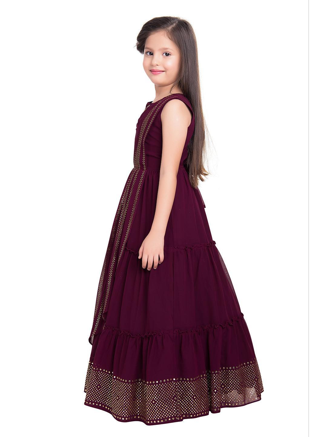 Burgundy Coloured Embellished Dupatta Styled Georgette Gown For Girls - Betty Ethnic India - Gown - Betty Girls Wear Online