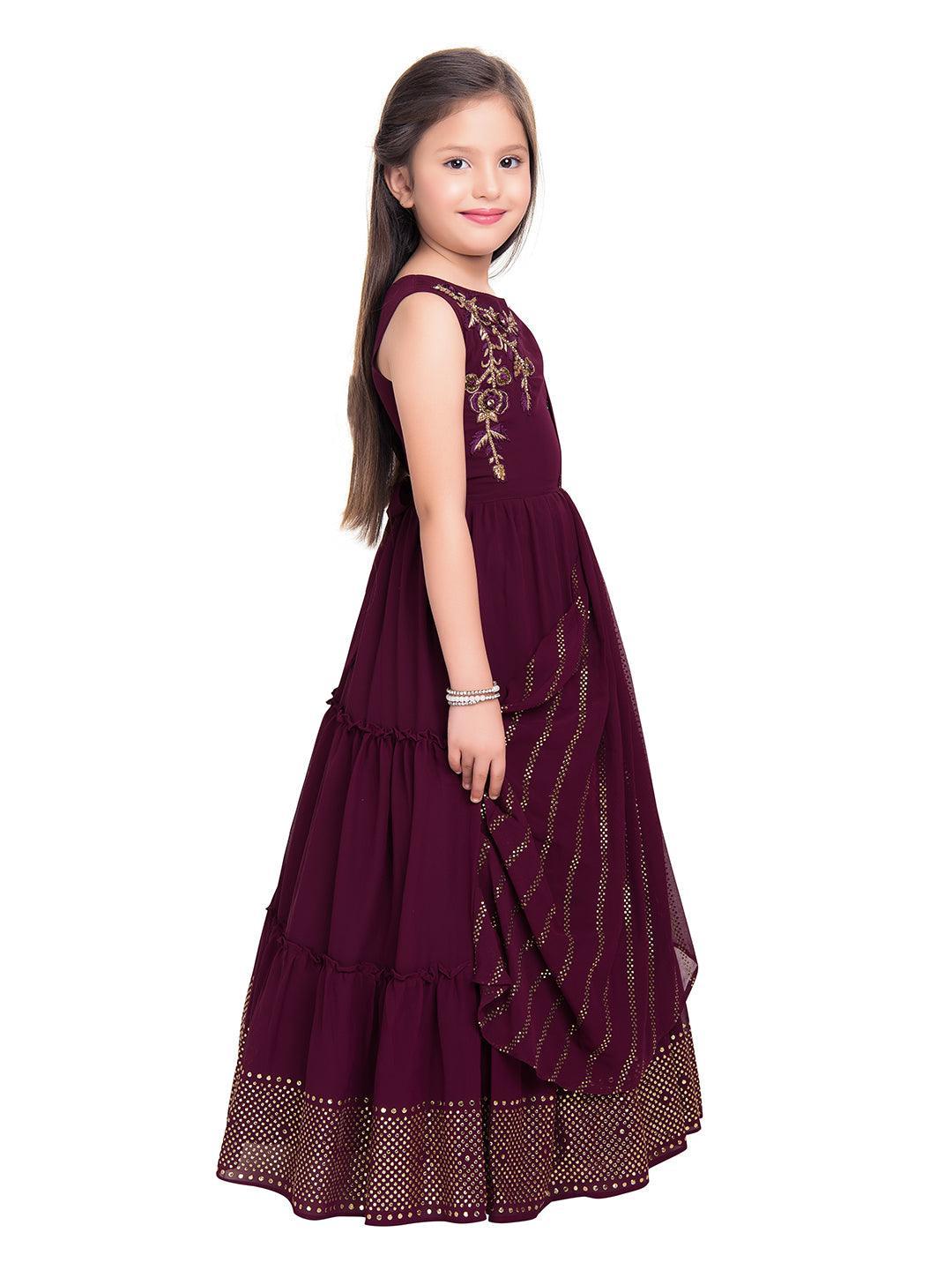 Burgundy Coloured Embellished Dupatta Styled Georgette Gown For Girls - Betty Ethnic India - Gown - Betty Girls Wear Online