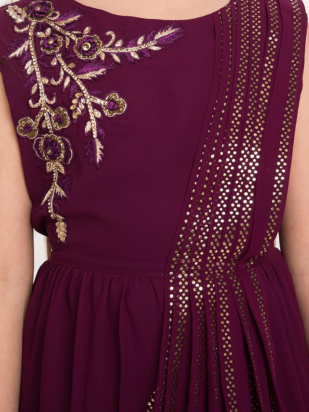 Burgundy Coloured Embellished Dupatta Styled Georgette Gown For Girls - Betty Ethnic India - Gown - Betty Girls Wear Online