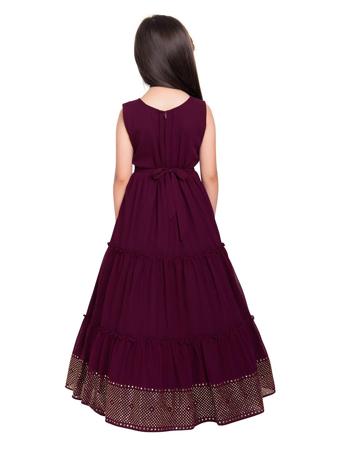 Burgundy Coloured Embellished Dupatta Styled Georgette Gown For Girls - Betty Ethnic India - Gown - Betty Girls Wear Online