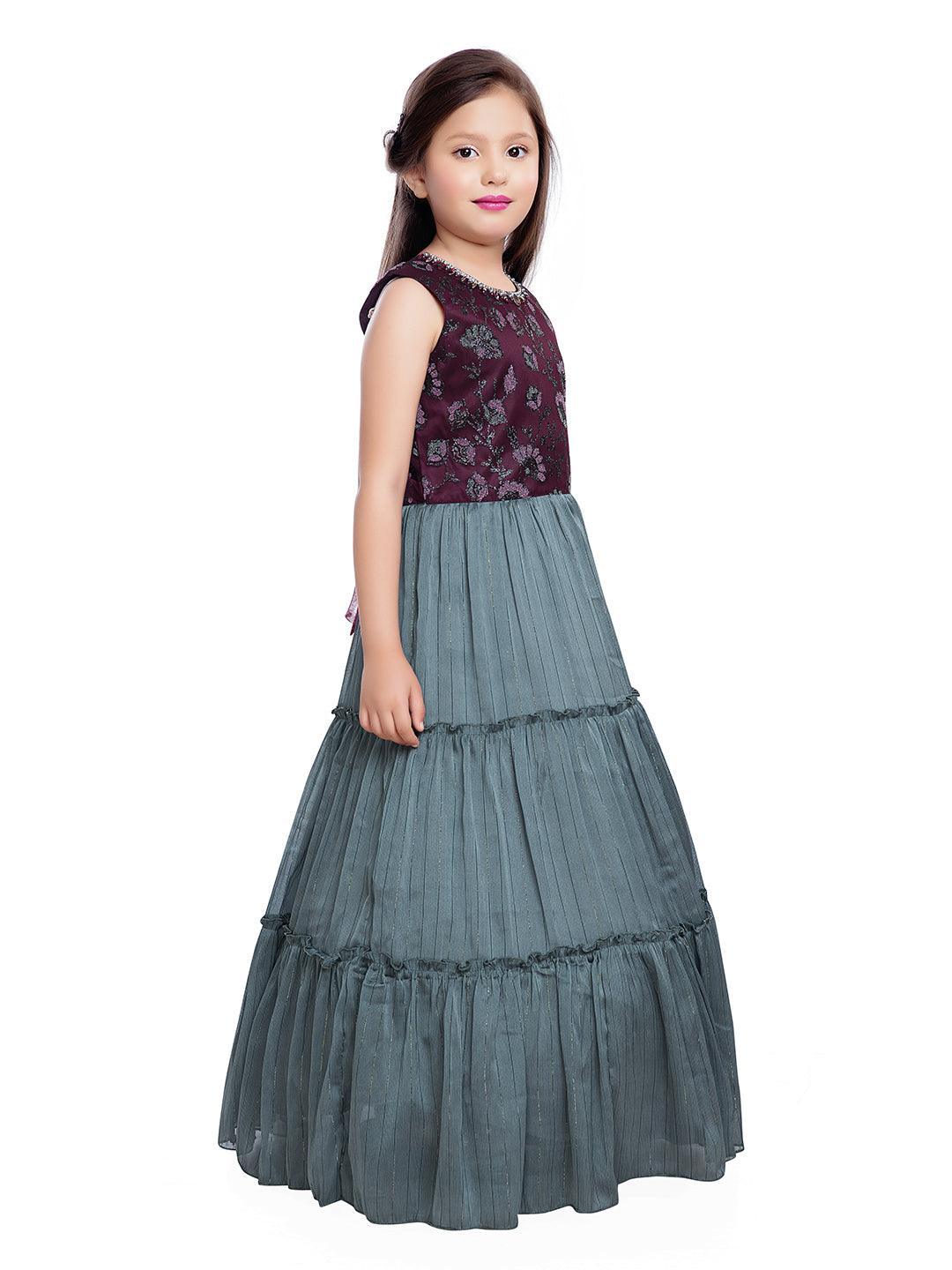 Burgundy Coloured Simple Design Imported Top Fabric Gown For Girls - Betty Ethnic India - Gown - Betty Girls Wear Online