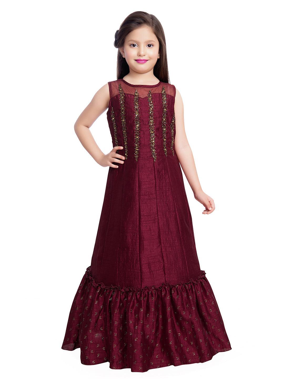 Burgundy Embellished Hand Work Ethnic Gown For Girls - Betty Ethnic India - Gown - Betty Girls Wear Online