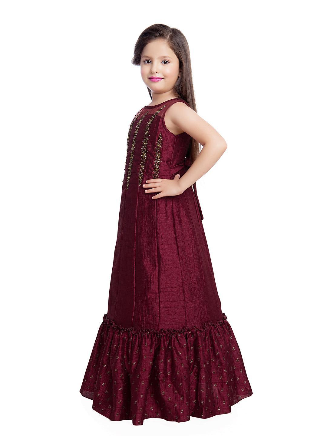 Burgundy Embellished Hand Work Ethnic Gown For Girls - Betty Ethnic India - Gown - Betty Girls Wear Online