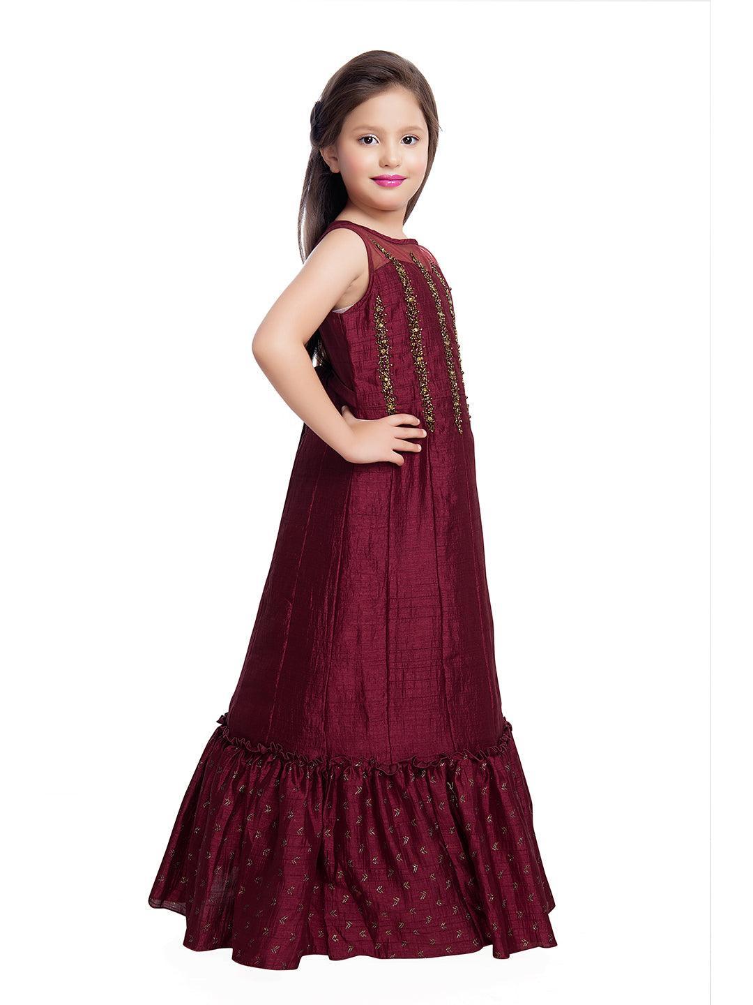 Burgundy Embellished Hand Work Ethnic Gown For Girls - Betty Ethnic India - Gown - Betty Girls Wear Online