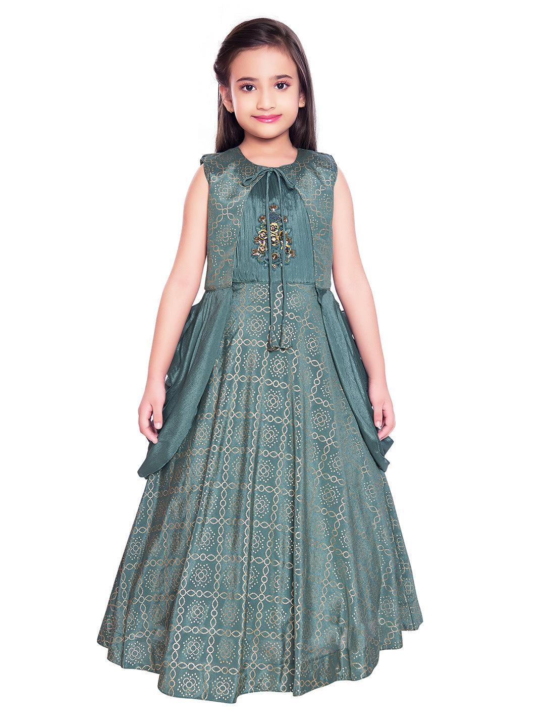 Dark Green Coloured Jacket Styled Gown For Girls - Betty Ethnic India - Gown - Betty Girls Wear Online