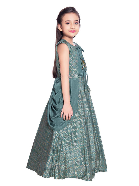 Dark Green Coloured Jacket Styled Gown For Girls - Betty Ethnic India - Gown - Betty Girls Wear Online