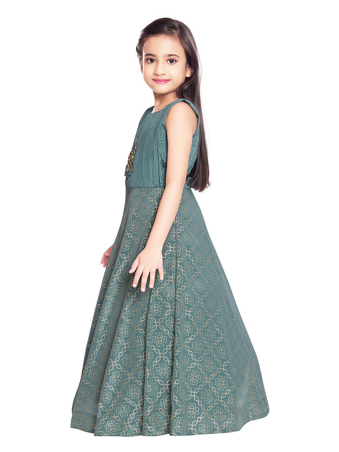 Dark Green Coloured Jacket Styled Gown For Girls - Betty Ethnic India - Gown - Betty Girls Wear Online