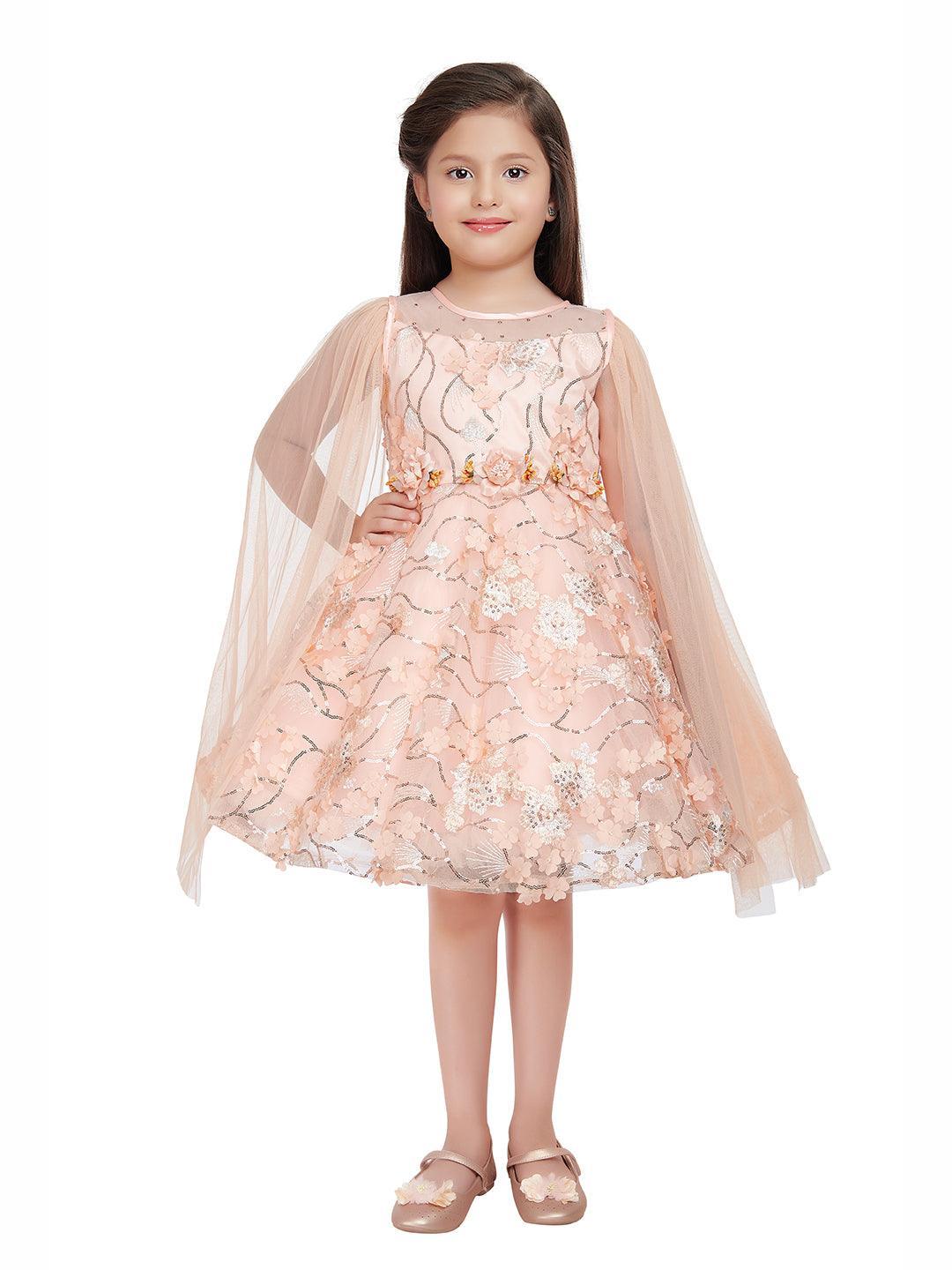 Fawn Coloured Imported Net Double Sided Sleeve Pattern Party Wear Frock For Girls - Betty Ethnic India - Frock - Betty Girls Wear Online