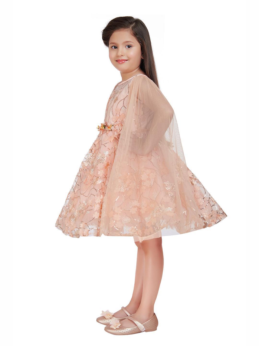 Fawn Coloured Imported Net Double Sided Sleeve Pattern Party Wear Frock For Girls - Betty Ethnic India - Frock - Betty Girls Wear Online