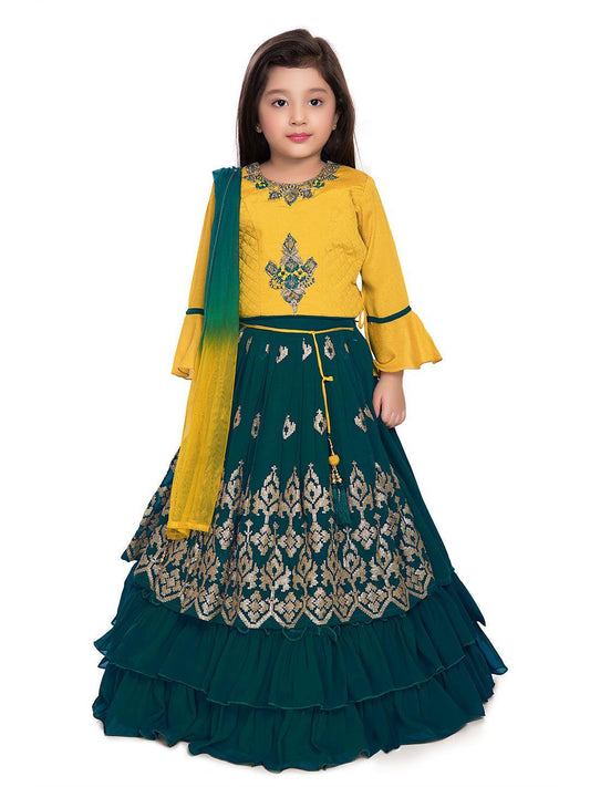 Full Sleeves Choli For Girls With Sequin Detailing Flared Lehenga & Dupatta - Yellow & Green - Betty Ethnic India - Saree & Lehenga - Betty Girls Wear Online