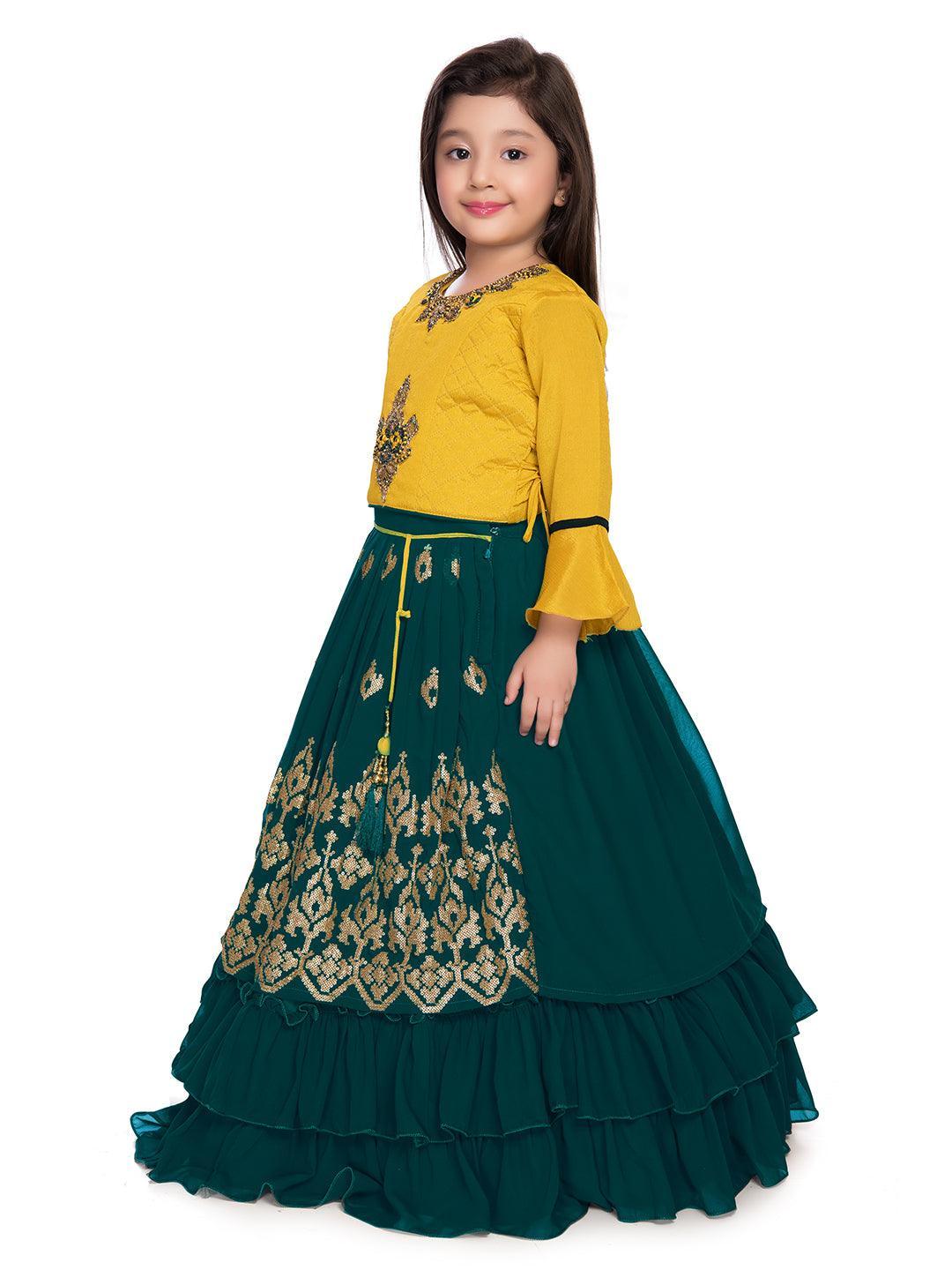 Full Sleeves Choli For Girls With Sequin Detailing Flared Lehenga & Dupatta - Yellow & Green - Betty Ethnic India - Saree & Lehenga - Betty Girls Wear Online